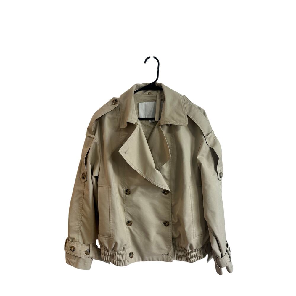 Zara Short Trench Coat Style Jacket Beige Tan Sz L Button Up Nice!